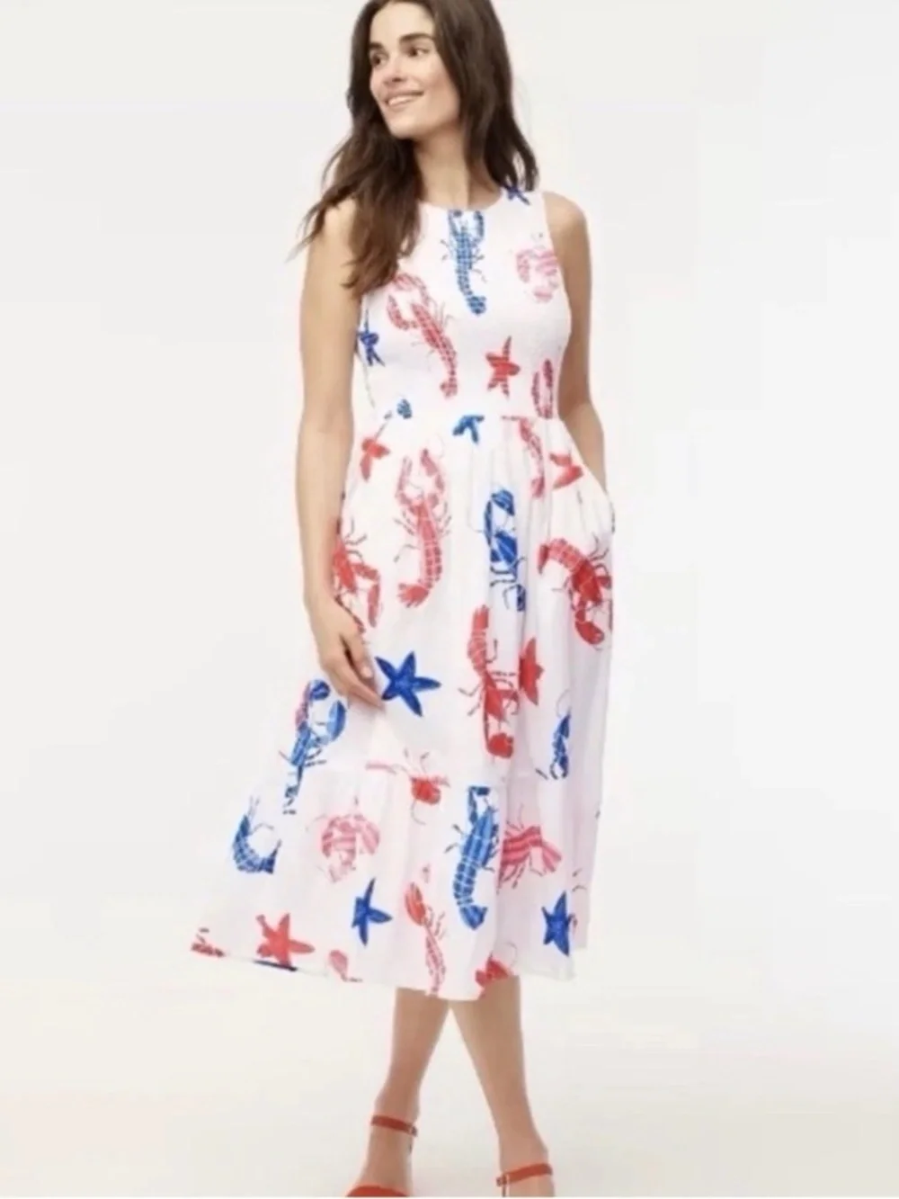 J. CREW Smocked Lobsters & Stars Midi Dress - Picture 1 of 6